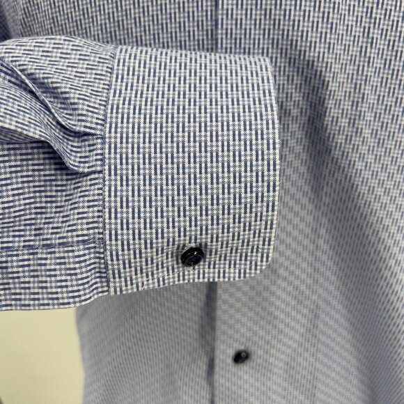 David Donahue Men's Trim Fit Blue Checkered Cotton Dress Shirt 17.5 - Picture 6 of 8